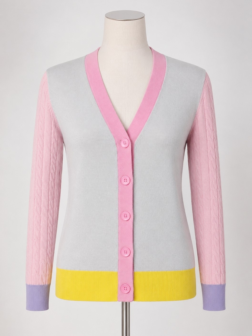Charter Club Colorblock Cardigan Sweater Pink Grey Yellow Size M P2P 20-30 NWOT